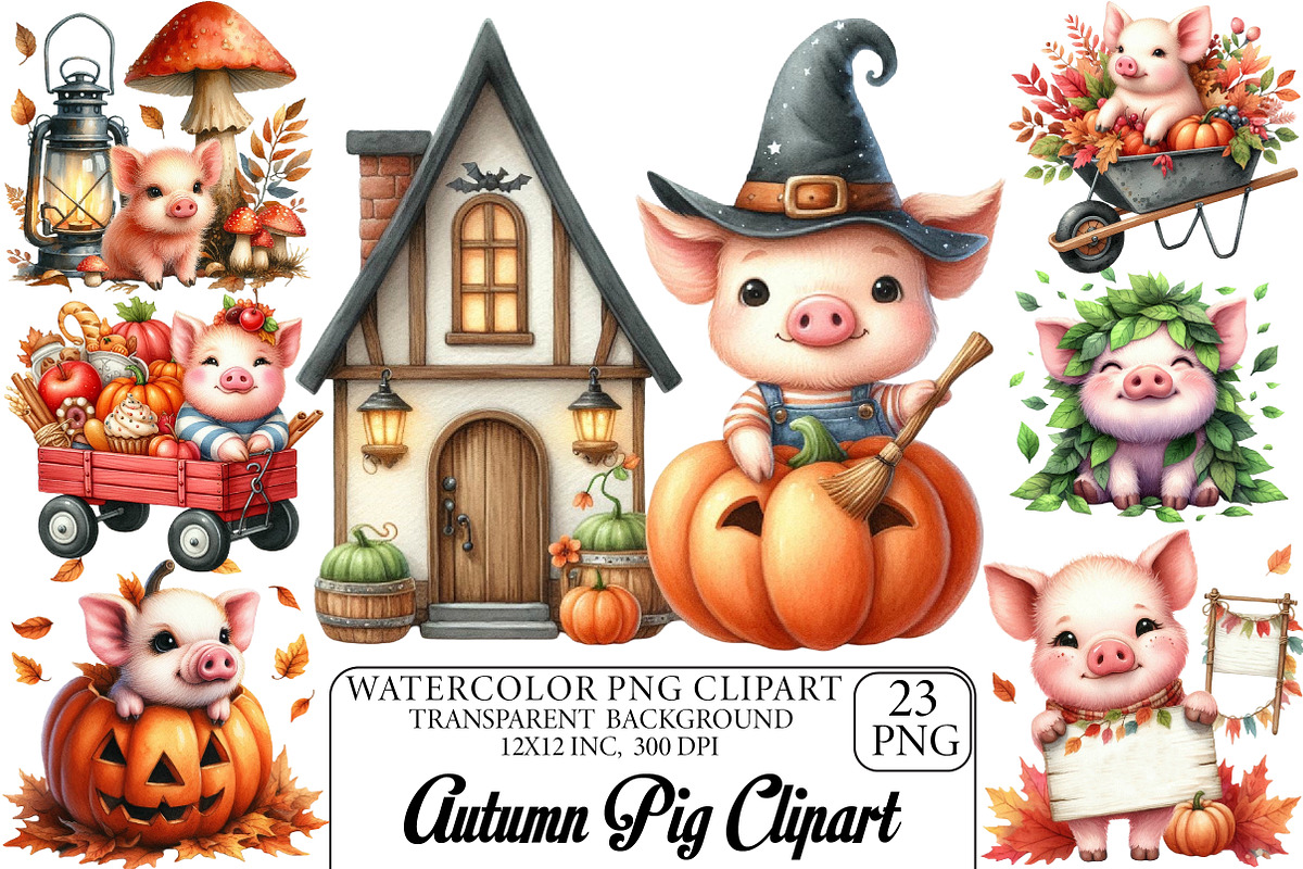 Watercolor Autumn Pig Clipart, an Illustration by DreamPrint404 (Photo 1 of 6)