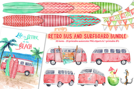 Red Retro Bus & Surfboard Cliparts