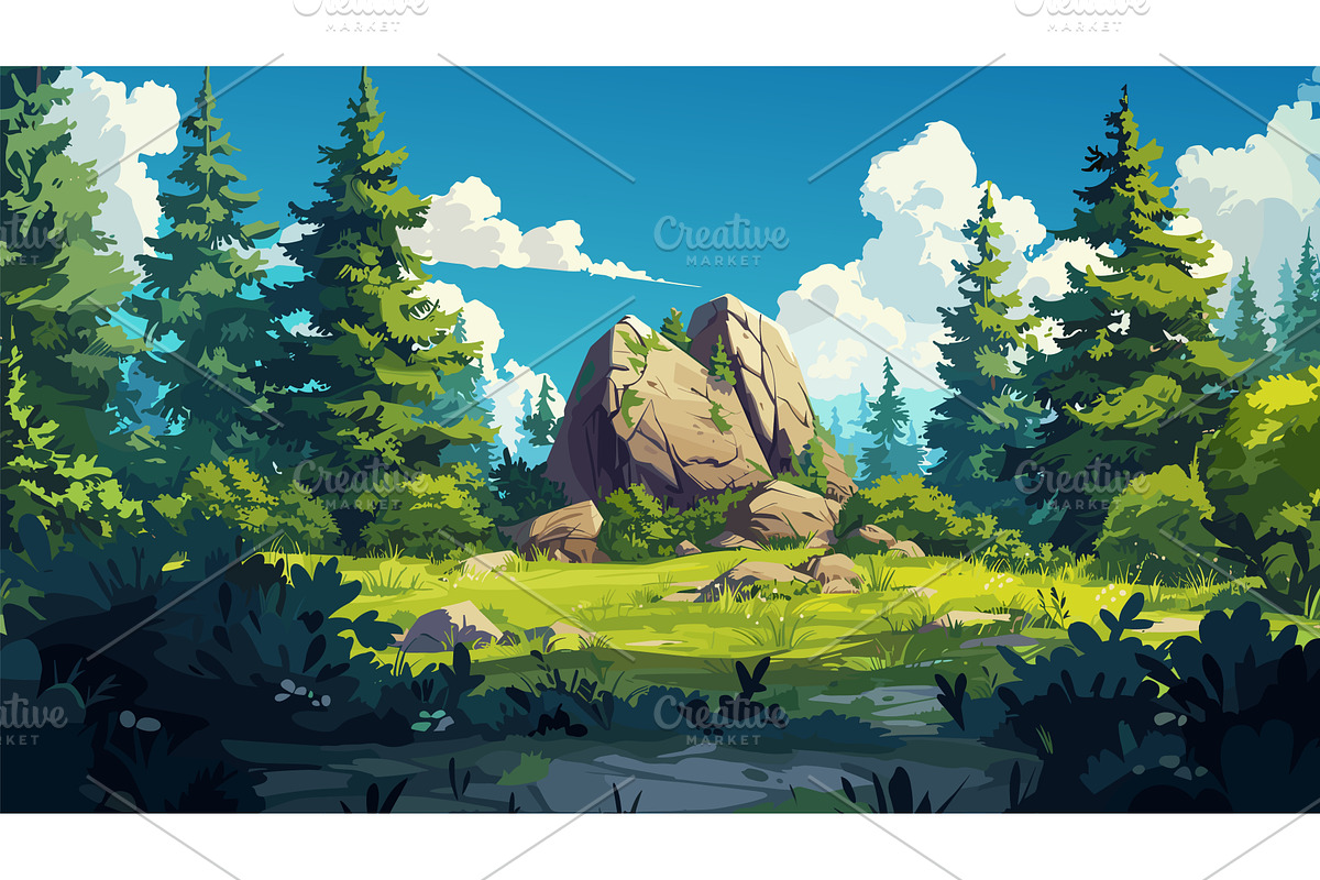 Big Rock in Middle of Pine Forest, an Illustration by LadadikArt
