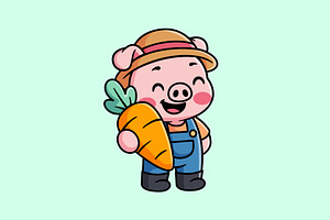 Cute Pig Farmer Holding Carrot