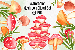 Watercolor Mushroom Clipart Set