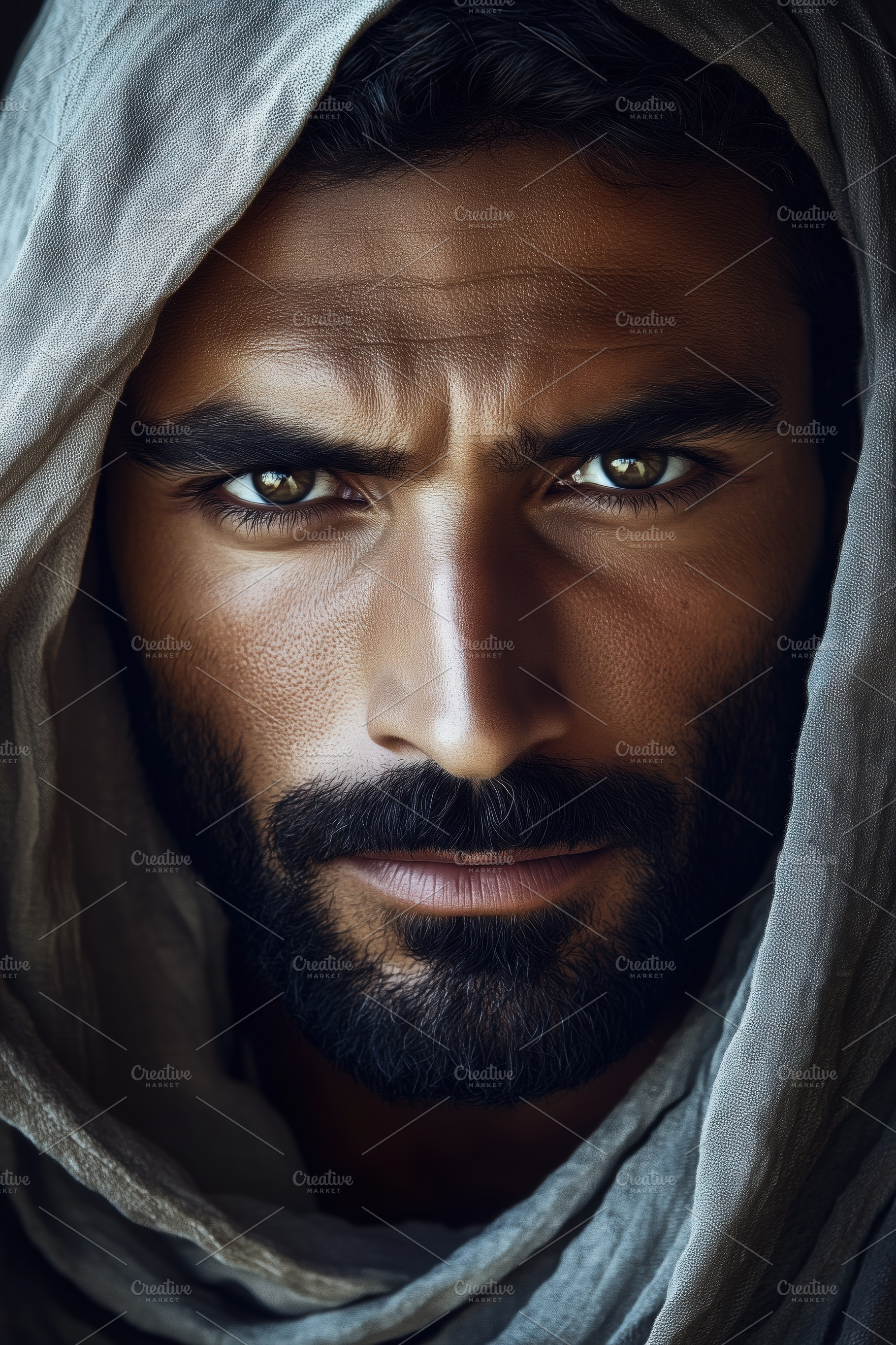 A close-up portrait of a arabic man with intense eyes and a beard, wearing a ho, a Person Photo by Textures & Backgrounds