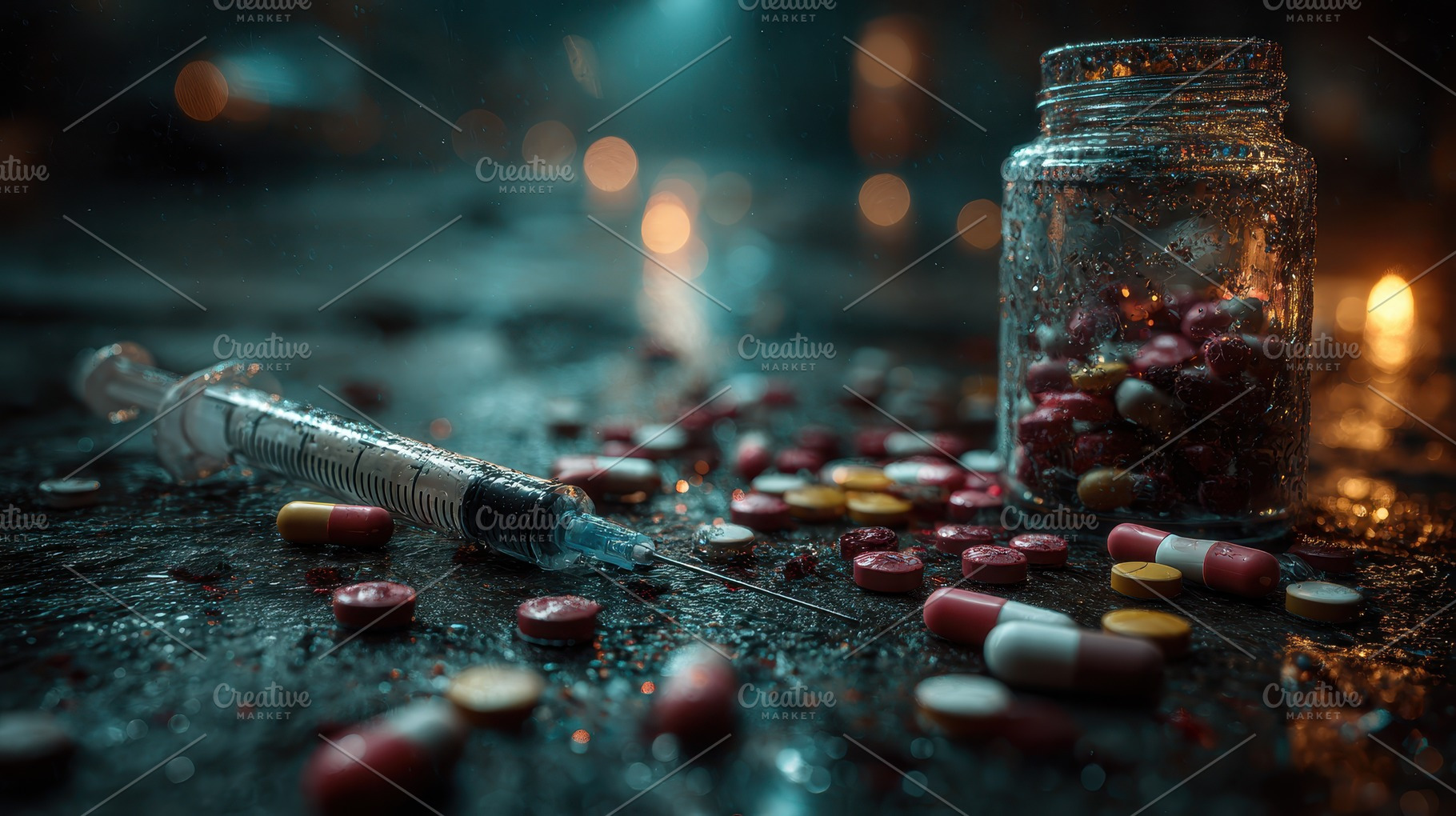 Syringe Pills and Jar on Wet Surface, a Photo by Pixeness Studio