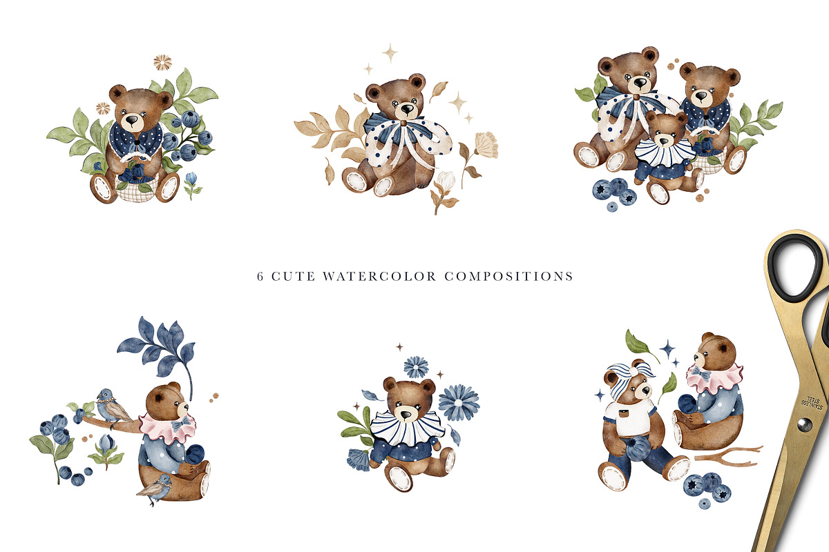 Blueberry Teddy Bears Watercolor Set, an Animal Illustration by Pati Paints (Photo 3 of 12)