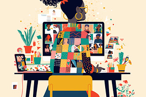 Woman working at desk using computer and video conferencing tools, colorful ill, a Photo by AS photostudio