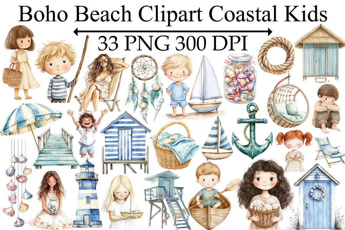 Boho Beach Clipart Coastal Kids, an Illustration by Design Market (Photo 1 of 4)
