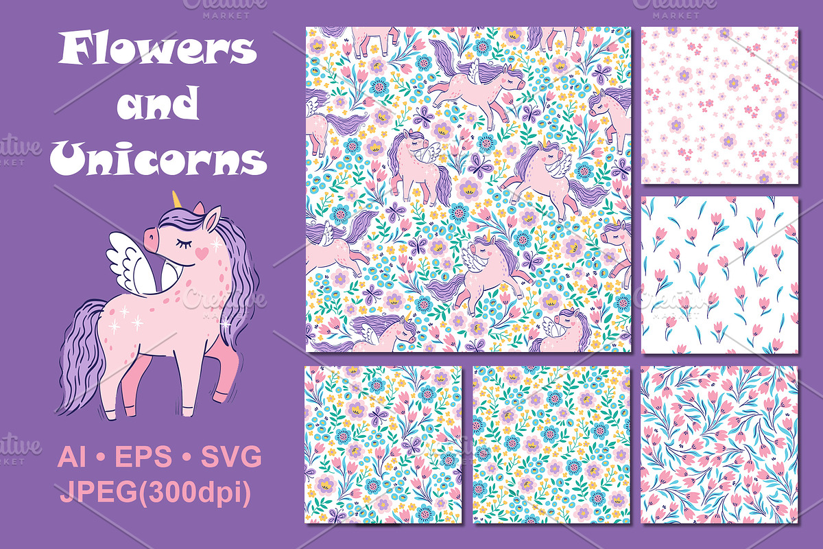 Flowers and Unicorns Patterns, a Pattern Graphic by Nataliia Toporovska (Photo 4 of 12)