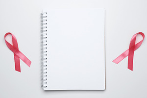 Pink ribbon lying on open notebook symbolizing support and reminder for breast, a Photo by matucha