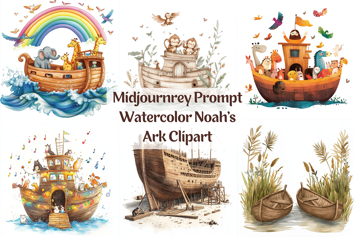 Prompt Watercolor Noah's Ark Clipart, a Decorative Illustration by Creative design (Photo 1 of 7)