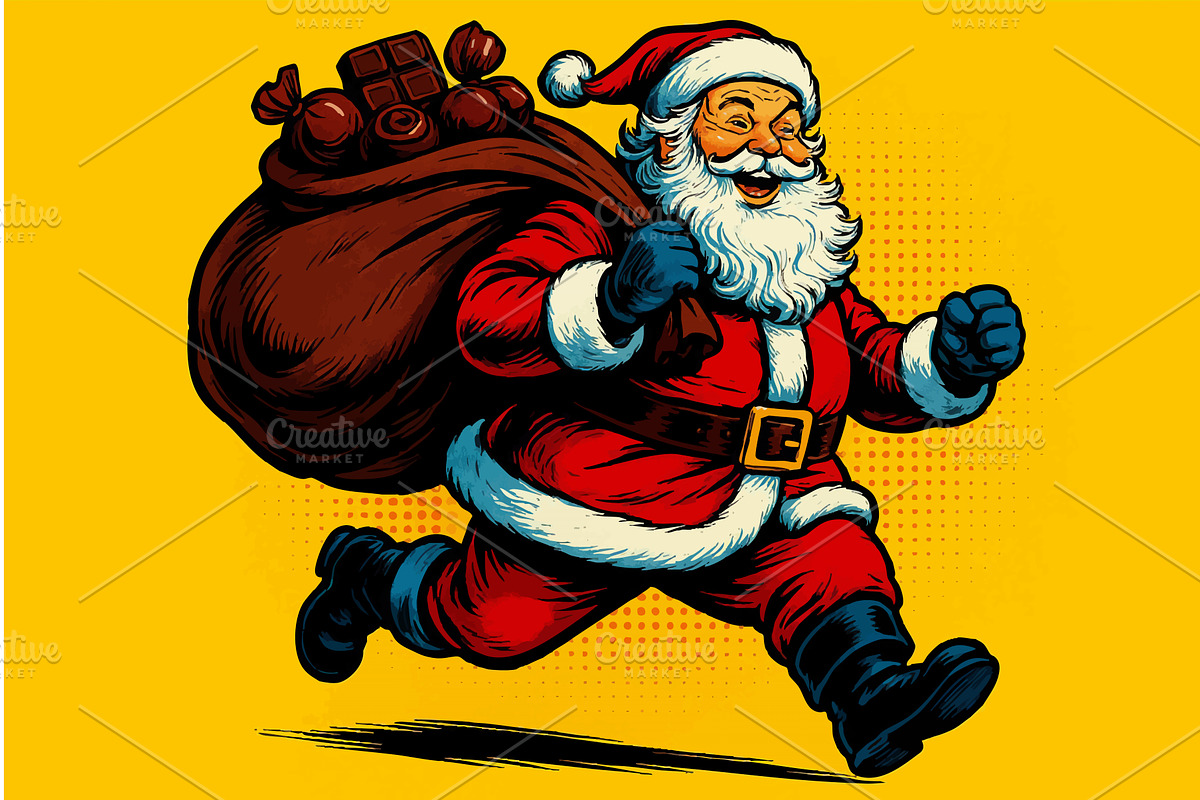 Santa Claus Running with Sack of, an Illustration by AlexArt