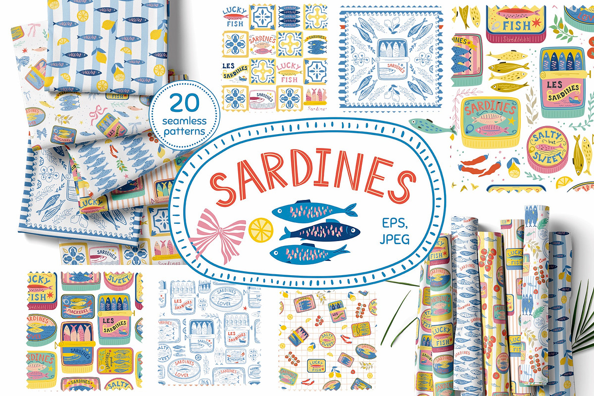 Mediterranean food Sardine patterns, a Pattern Graphic by Tani Kuzminka (Photo 1 of 25)