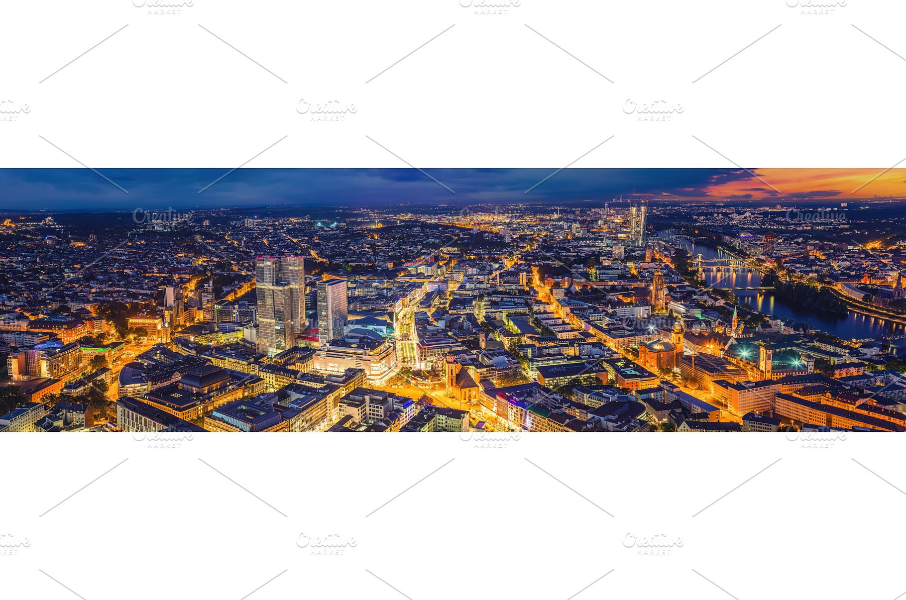 Panoramic view on Frankfurt at dusk, an Architecture Photo by sborisov