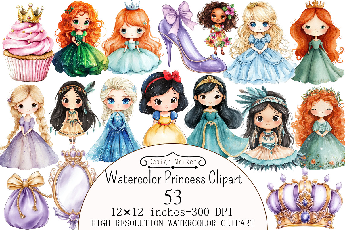 Watercolor Princess Clipart, a Seasonal Illustration by Design Market (Photo 1 of 5)