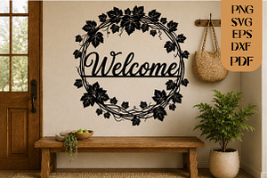 Vine Wreath Welcome Laser Cut SVG, an Object Graphic by DreamCafeArt