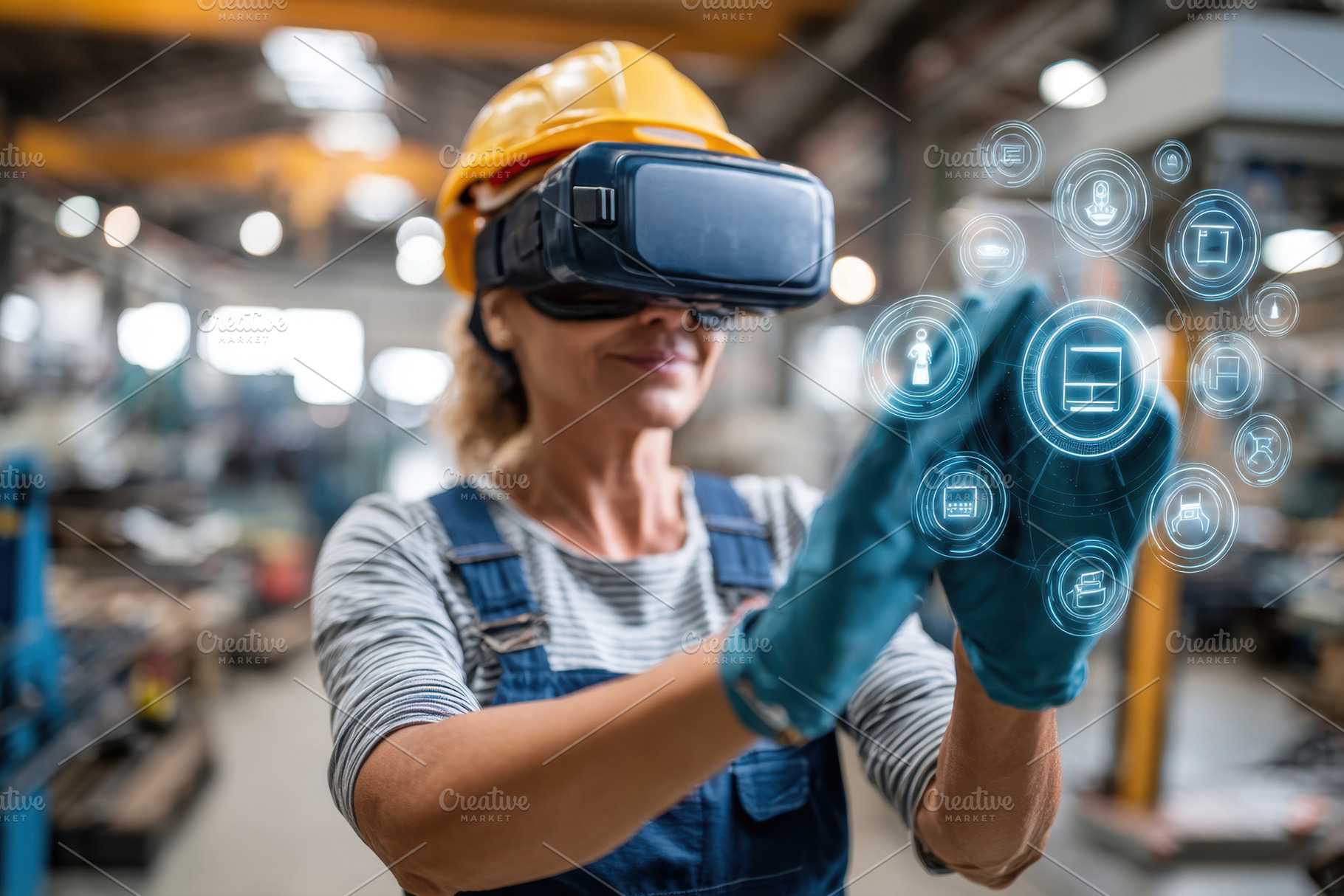 Woman using virtual reality in a factory setting, an Industrial Photo by AlyaAnd