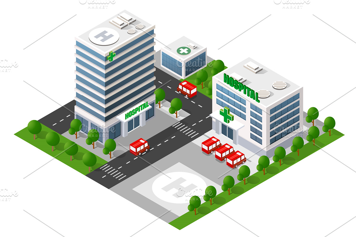 Isometric city hospital buildings, a Healthcare Illustration by AlexZeL