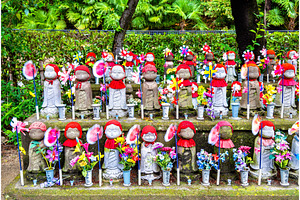 Jizo statues at the cemetery zojoji temple tokyo containing tokyo, japan, and, an Architecture Photo by Leonid Andronov