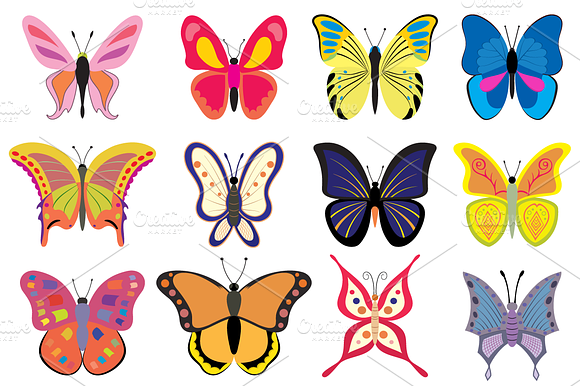 Set Of Colored And Black Butterflies