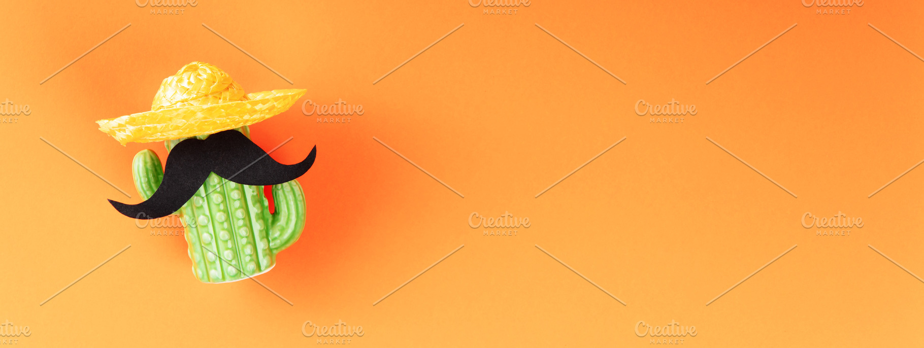 Fun Cactus with Sombrero and Mustache on Orange Background, a Food & Drink Photo by Natalia Klenova's Shop