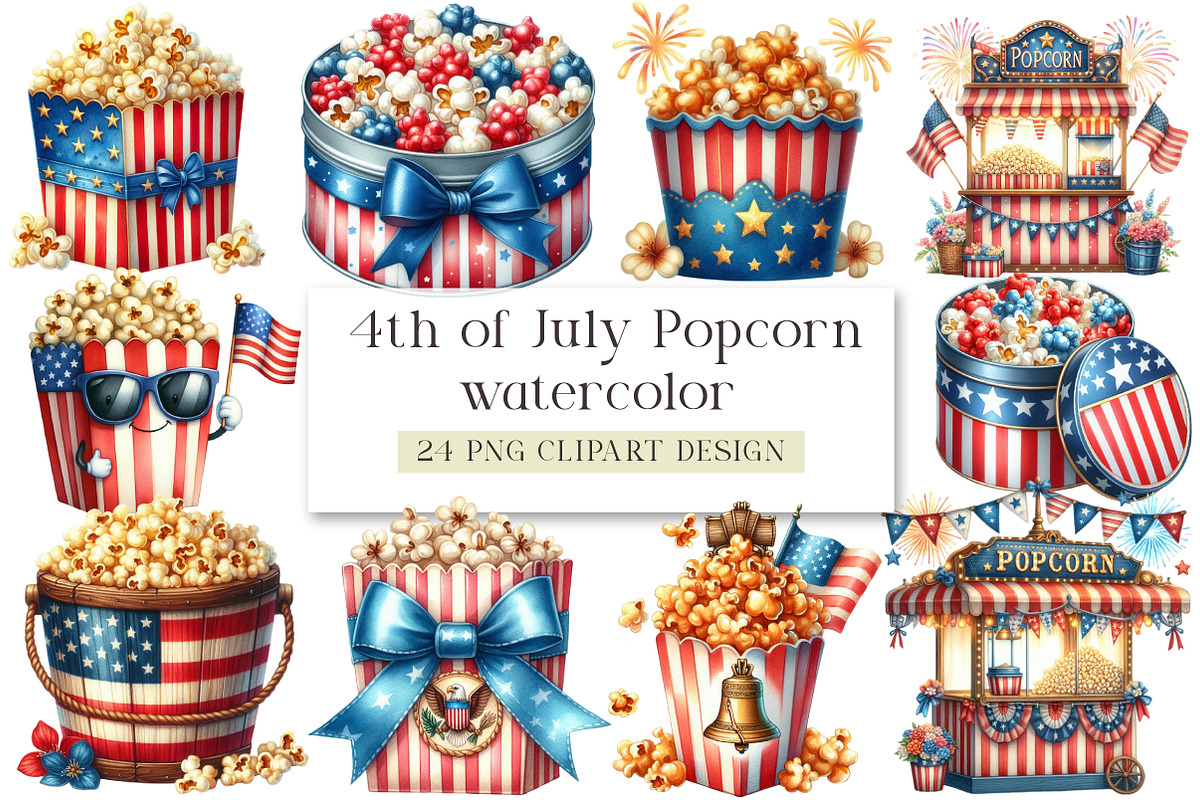 Watercolor 4th of July Popcorn, a Seasonal Illustration by DreamArtGraphic (Photo 1 of 4)