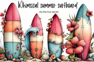Whimsical summer surfboard clipart, an Illustration by Designworld