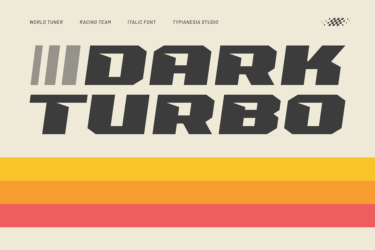 Dark Turbo - Bold Italic Racing Font, a Sans Serif Font by Typia Nesia (Photo 1 of 12)