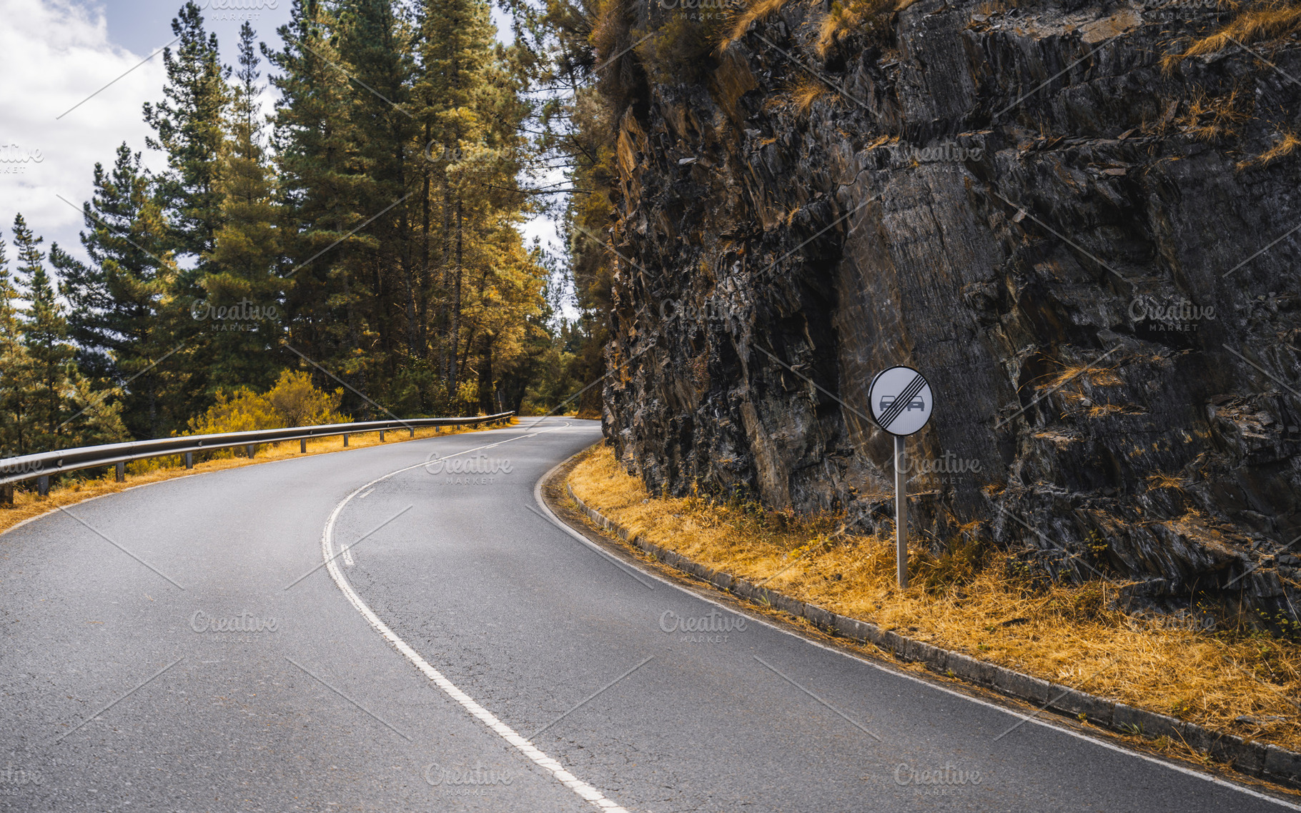 Curved road through mountain forest, a Transportation Photo by SkyNext