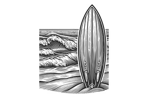 surfboard on beach with ocean waves, a Sport Illustration by AlexArt