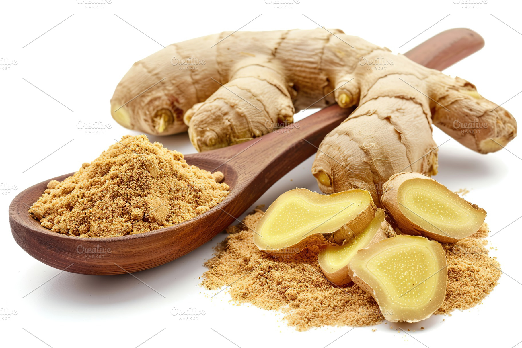 Ground dry ginger in wooden spoon isolated on white background, a Food & Drink Photo by AlyaAnd