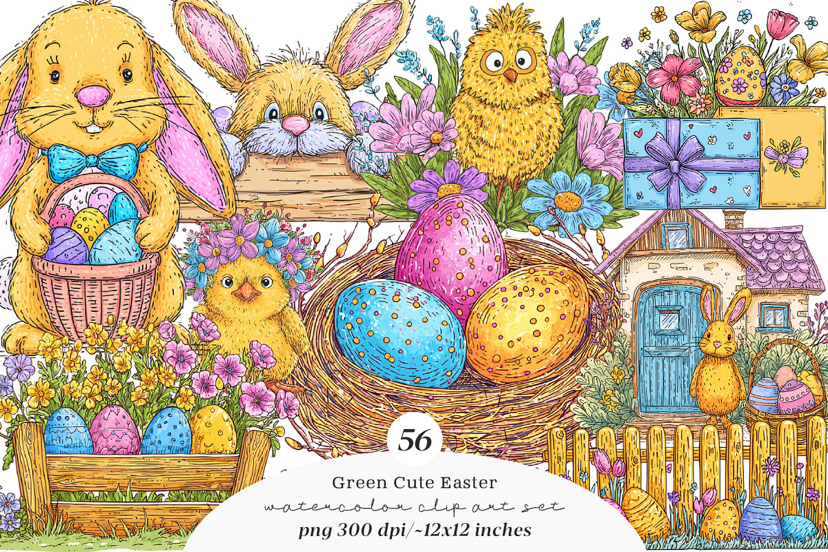 Green cute easter clipart, an Illustration by SinaCreation (Photo 1 of 11)