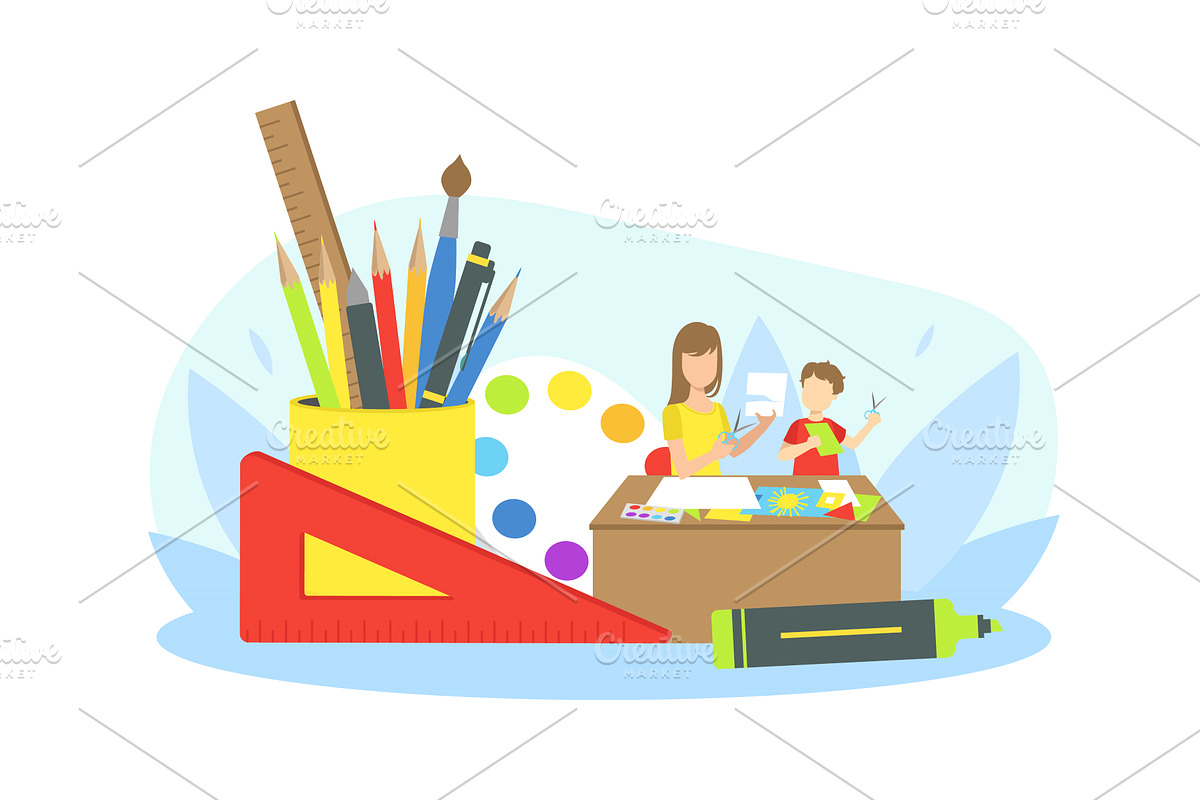 Mother Doing Craft with Her Son at, a Person Illustration by TopVectors