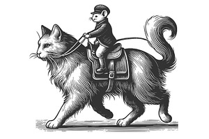 Mouse Riding a Cat engraving vector, an Animal Illustration by AlexArt