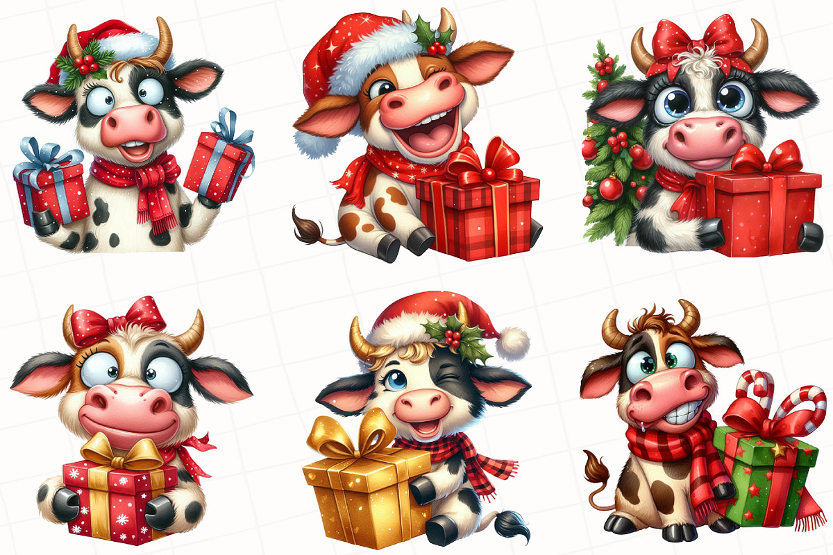 Christmas Funny Cow Clipart, an Illustration by OK Design (Photo 2 of 5)