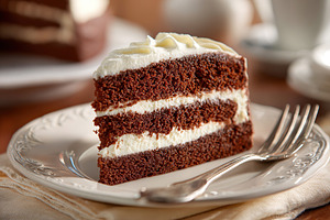 Slice of sponge cake with smooth, creamy frosting rests on a white plate in a c, a Food & Drink Photo by AlyaAnd