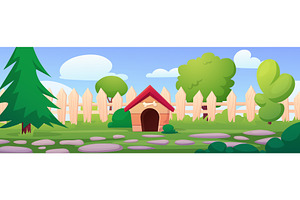 Backyard with dog house. Wooden pet