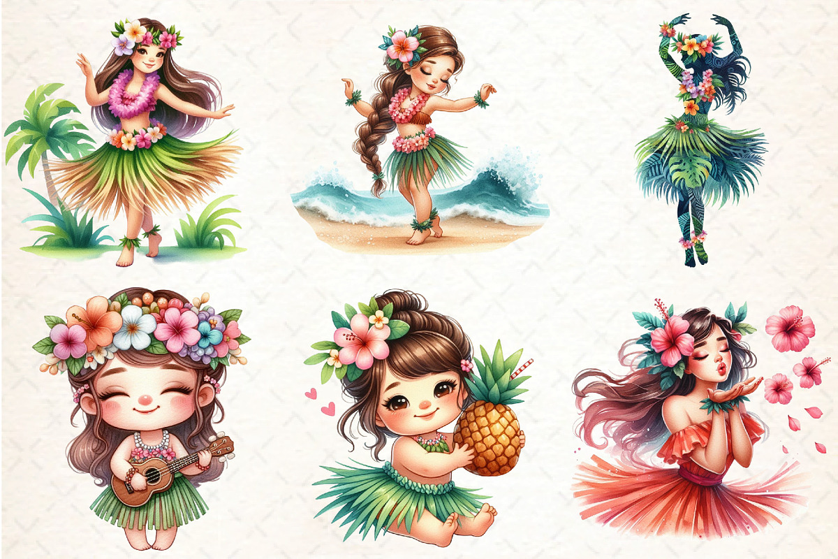 Watercolor Summer Hula Girl Clipart, an Illustration by DreamCafeArt (Photo 4 of 6)