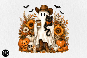 Halloween Cowboy Ghost Black Cat, a Seasonal Illustration by CraftArtStudio