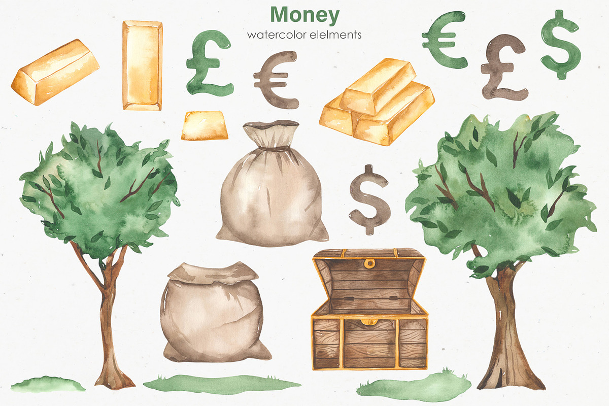 Money watercolor collection, a Finance Illustration by Marina Ermakova (Photo 2 of 11)