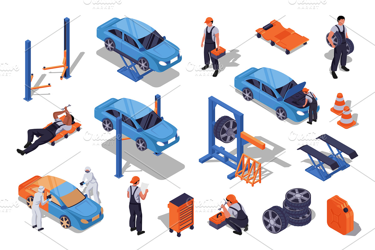 Auto Service Isometric Set, a Transportation Illustration by alexdndz