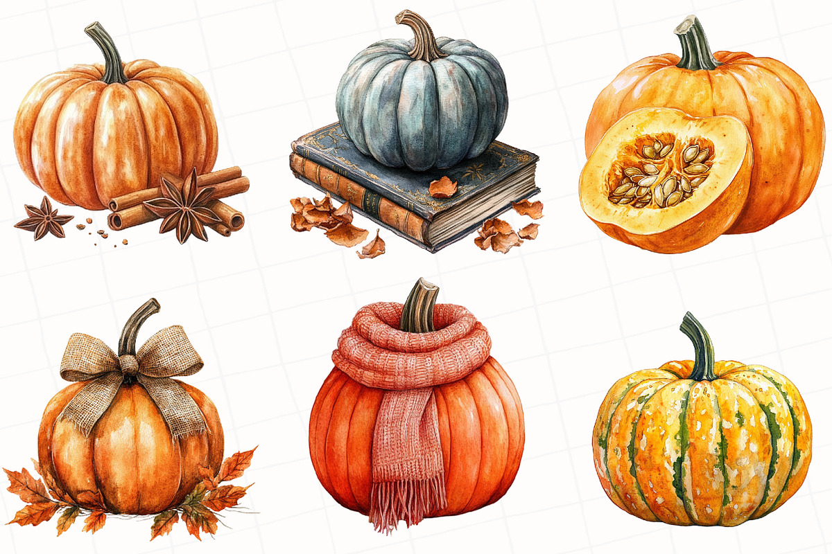 Watercolor Autumn Pumpkin Clipart, an Illustration by OK Design (Photo 4 of 5)