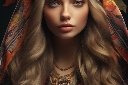 A portrait of a bohemian woman adorned with a floral crown and traditional atti, a Beauty & Fashion Photo by Textures & Backgrounds