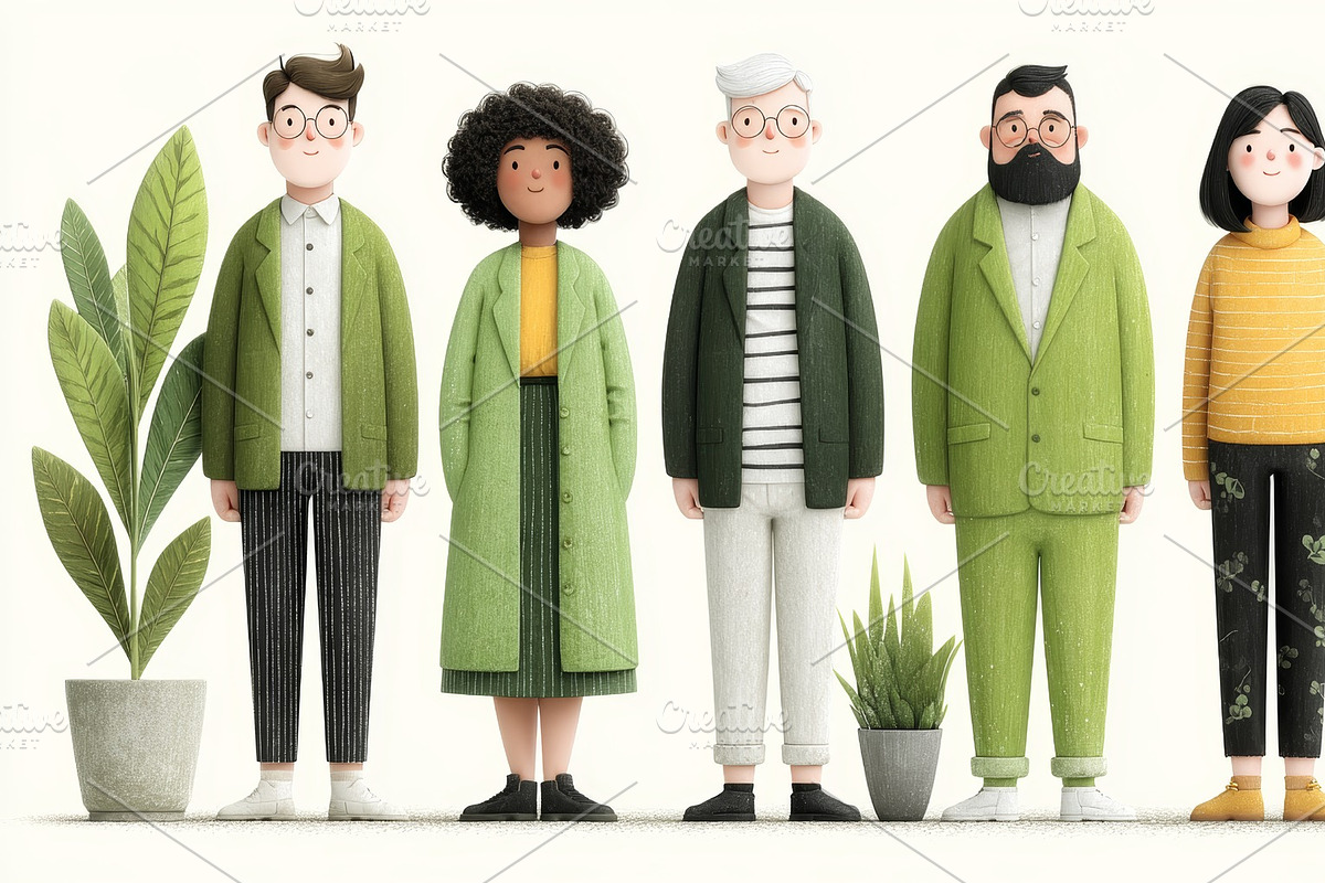 Group of people in eco-friendly attire with vibrant minimalistic background and, an Illustration by AS photostudio