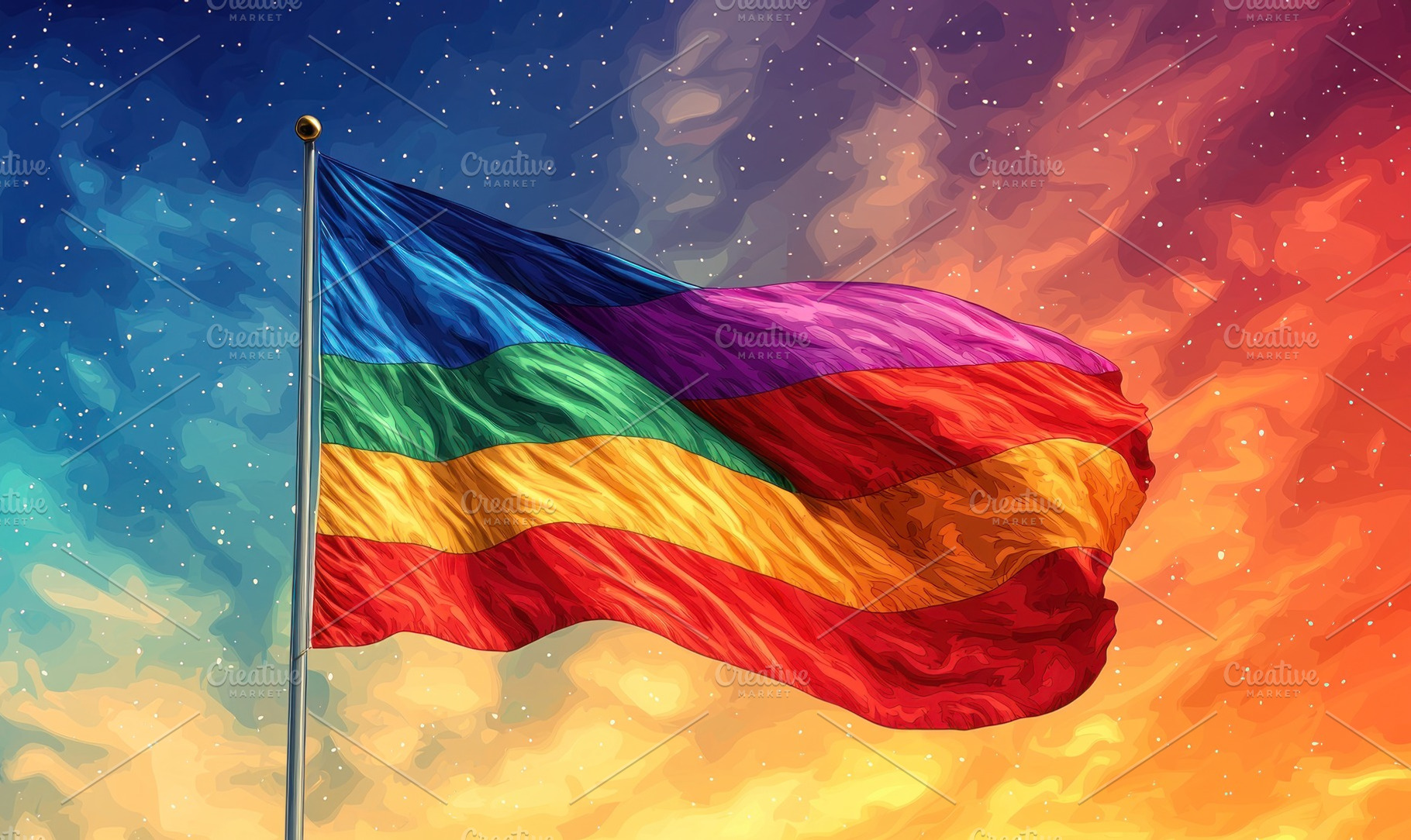 Waving rainbow flag in a colorful sky at sunset with painted tex, a Background Photo by José Manuel Gelpi