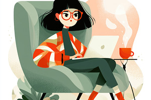 Cozy woman working on laptop in armchair illustration, a Business Photo by José Manuel Gelpi