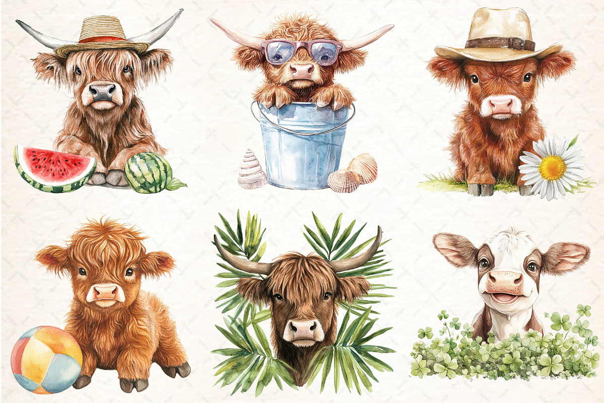 Watercolor Summer Highland Cow, an Illustration by DreamCafeArt (Photo 3 of 8)