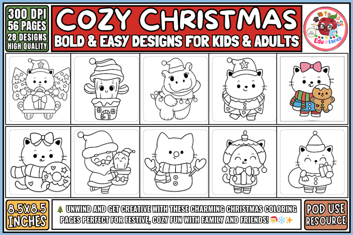 Cozy Christmas Coloring Pages, a Seasonal Illustration by EduEnrich (Photo 1 of 3)