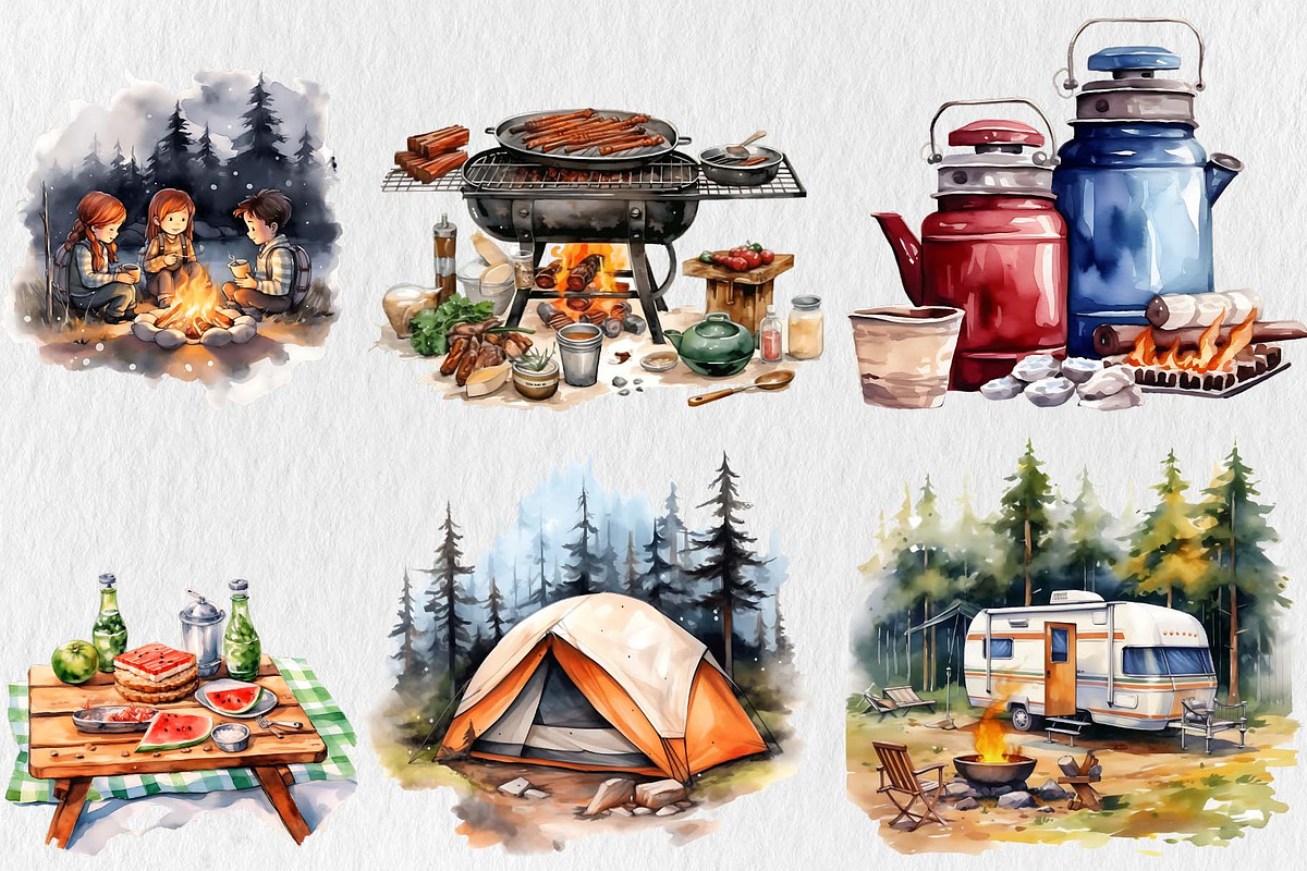 Watercolor Camping Clipart Bundle, an Illustration by Moon Studio (Photo 3 of 15)