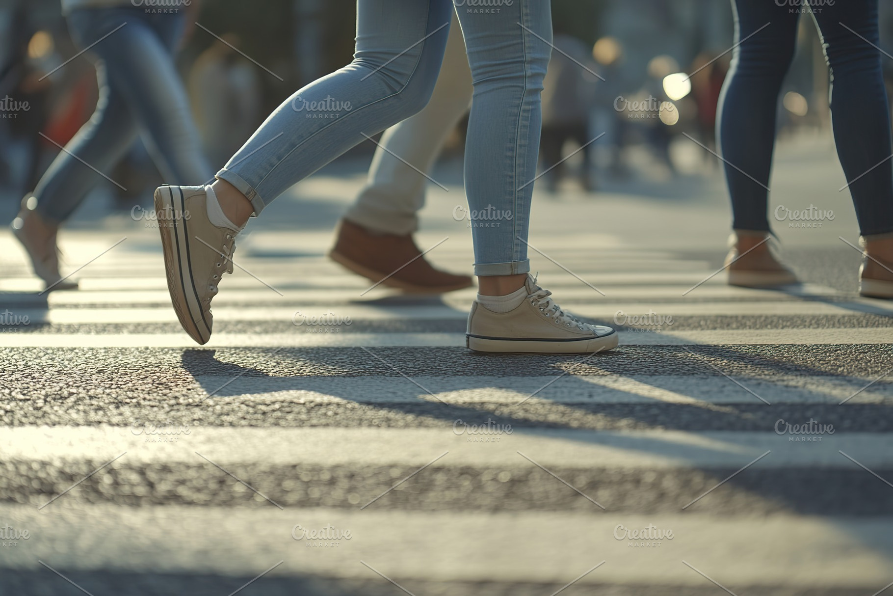 Closeup of people legs crossing the street on the crosswalk, a Person Photo by AlyaAnd