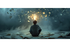 Young thinker amid flying books and, an Education Illustration by BazziBa♥