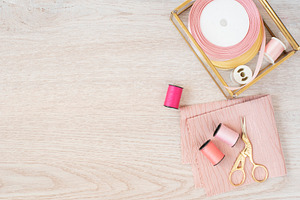 Composition for sewing in pink containing stock photos, stylish stock photos